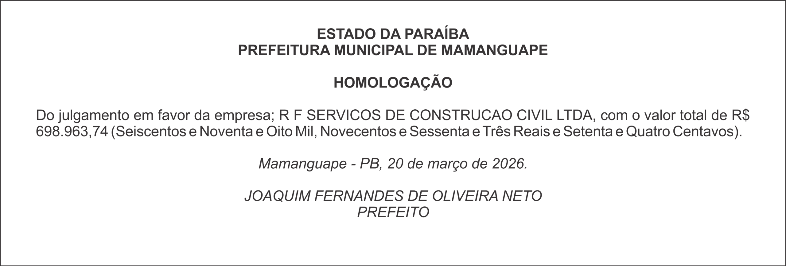 PREFEITURA MUNICIPAL DE MAMANGUAPE – HOMOLOGAÇÃO