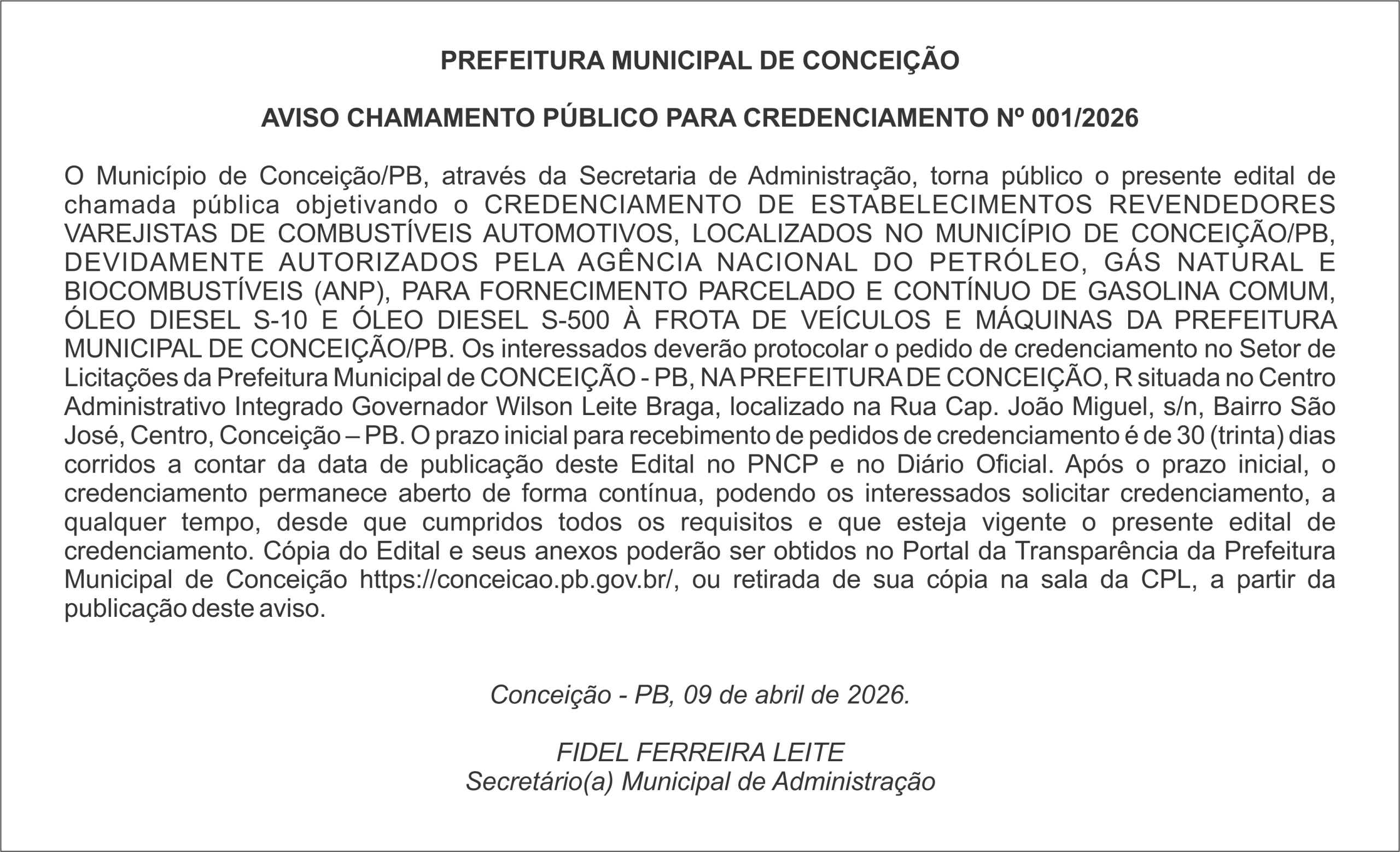 PREFEITURA DE CONCEIÇÃO – AVISO CHAMAMENTO PÚBLICO PARA CREDENCIAMENTO Nº 001/2026