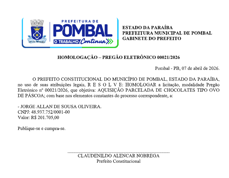 PREFEITURA MUNICIPAL DE POMBAL –  HOMOLOGAÇÃO – PREGÃO ELETRÔNICO 00021/2026