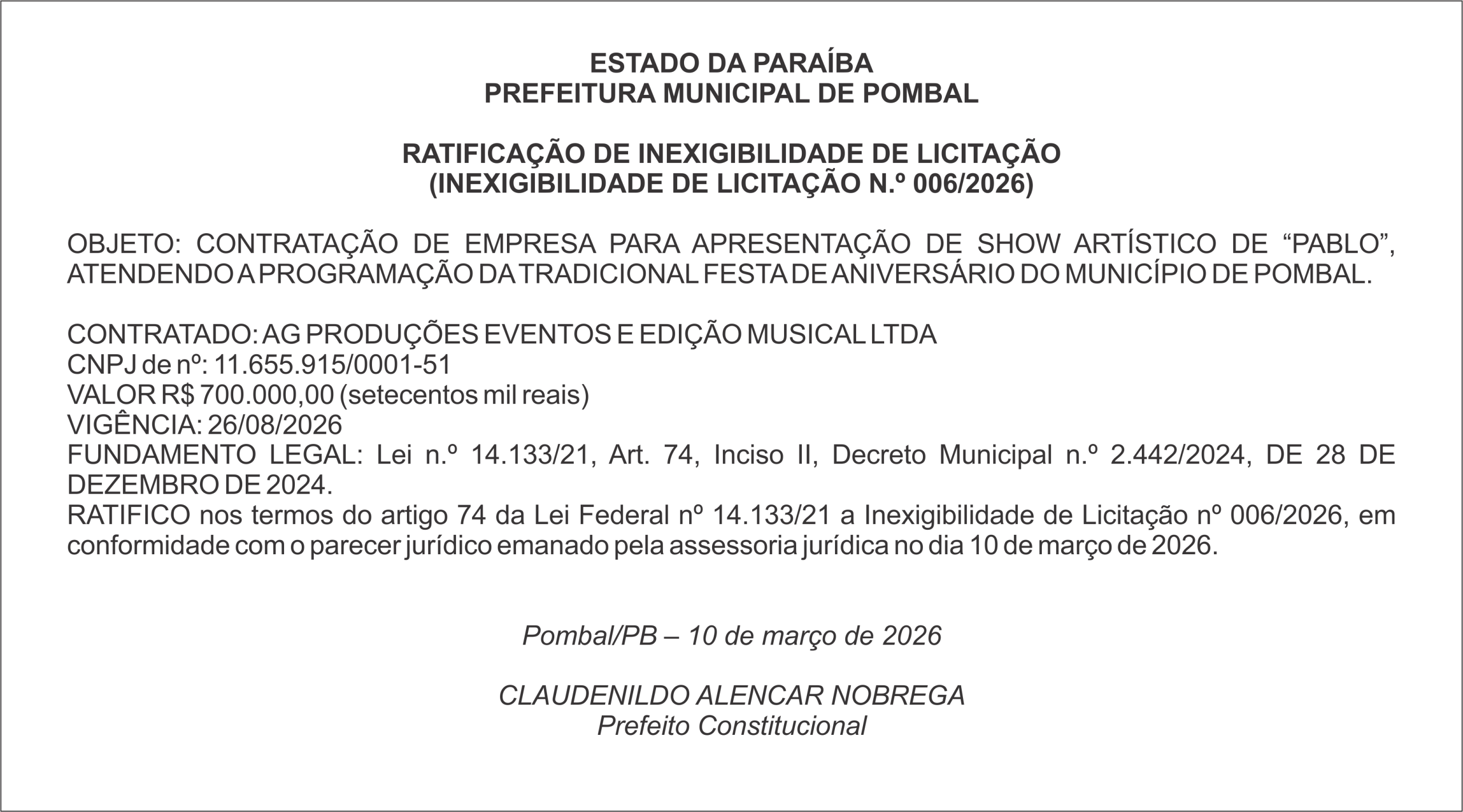 PREFEITURA MUNICIPAL DE POMBAL – RATIFICAÇÃO DE INEXIGIBILIDADE DE LICITAÇÃO (INEXIGIBILIDADE DE LICITAÇÃO N.º 006/2026)