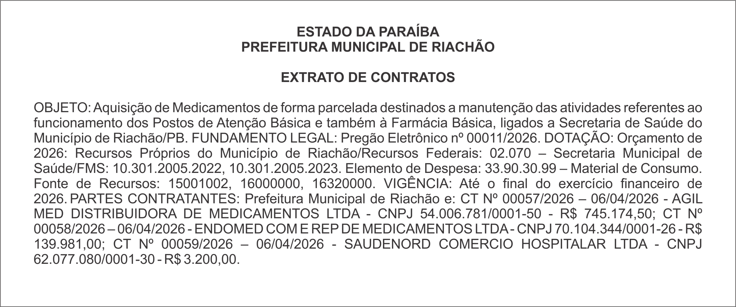 PREFEITURA MUNICIPAL DE RIACHÃO – EXTRATO DE CONTRATOS