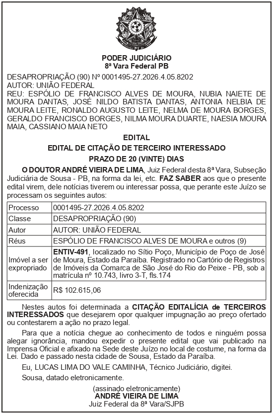 SECRETARIA NACIONAL DE SEGURANÇA HIDRICA – SNSH – MDR – DF – BRASÍLIA – Edital de Citação de Terceiro Interessado – ENTIV-491 (ESPÓLIO DE FRANCISCO ALVES DE MOURA)