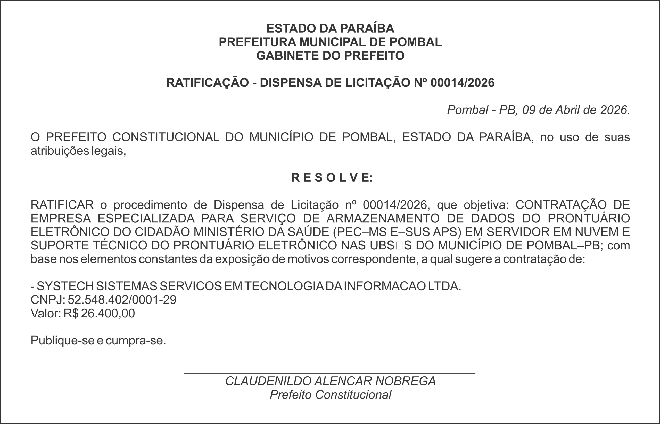 PREFEITURA MUNICIPAL DE POMBAL – RATIFICAÇÃO – DISPENSA DE LICITAÇÃO Nº 00014/2026