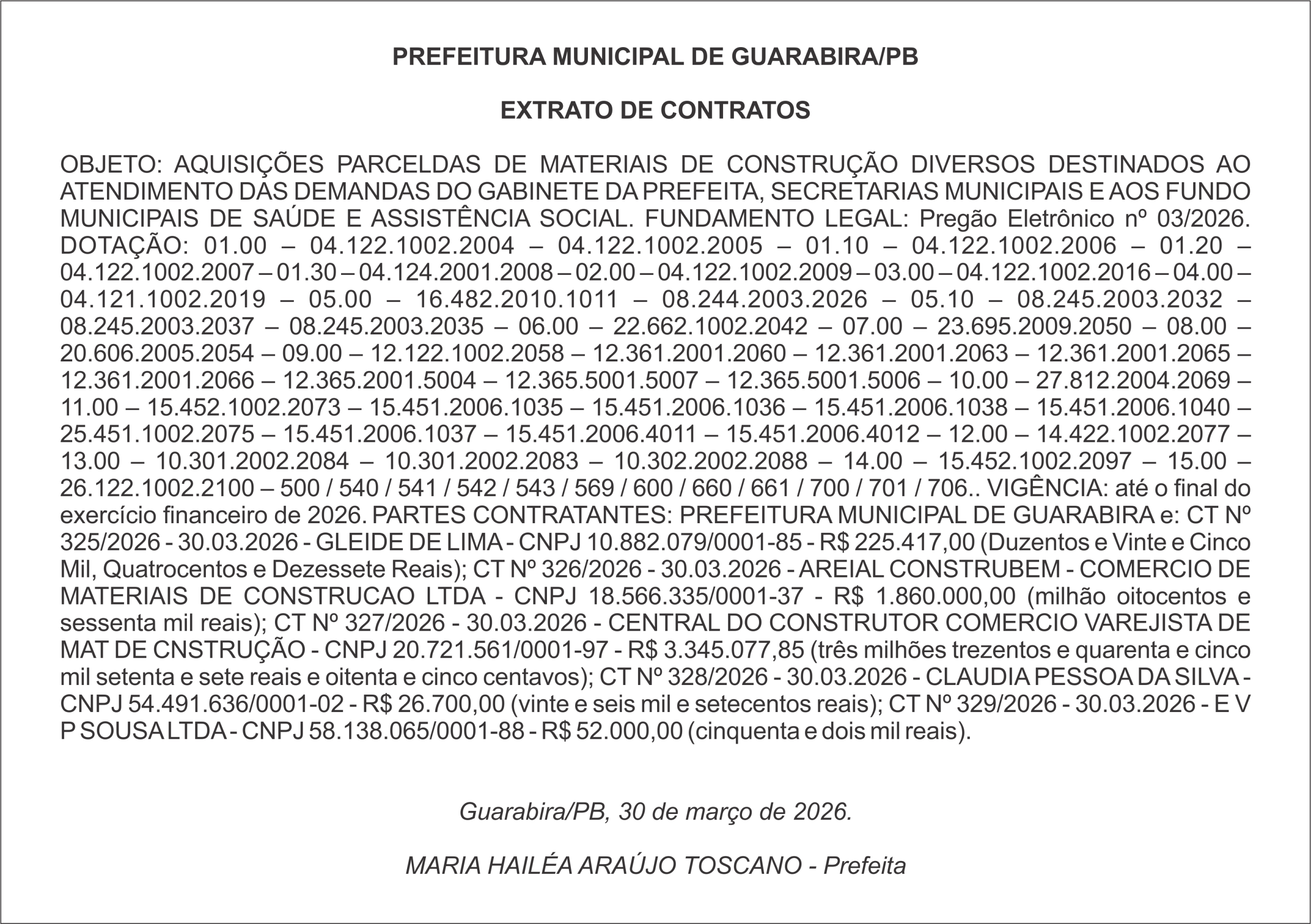 PREFEITURA MUNICIPAL DE GUARABIRA/PB – EXTRATO DE CONTRATOS