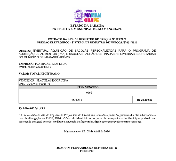 PREFEITURA MUNICIPAL DE MAMANGUAPE – EXTRATO DA ATA DE REGISTRO DE PREÇOS Nº 009/2026