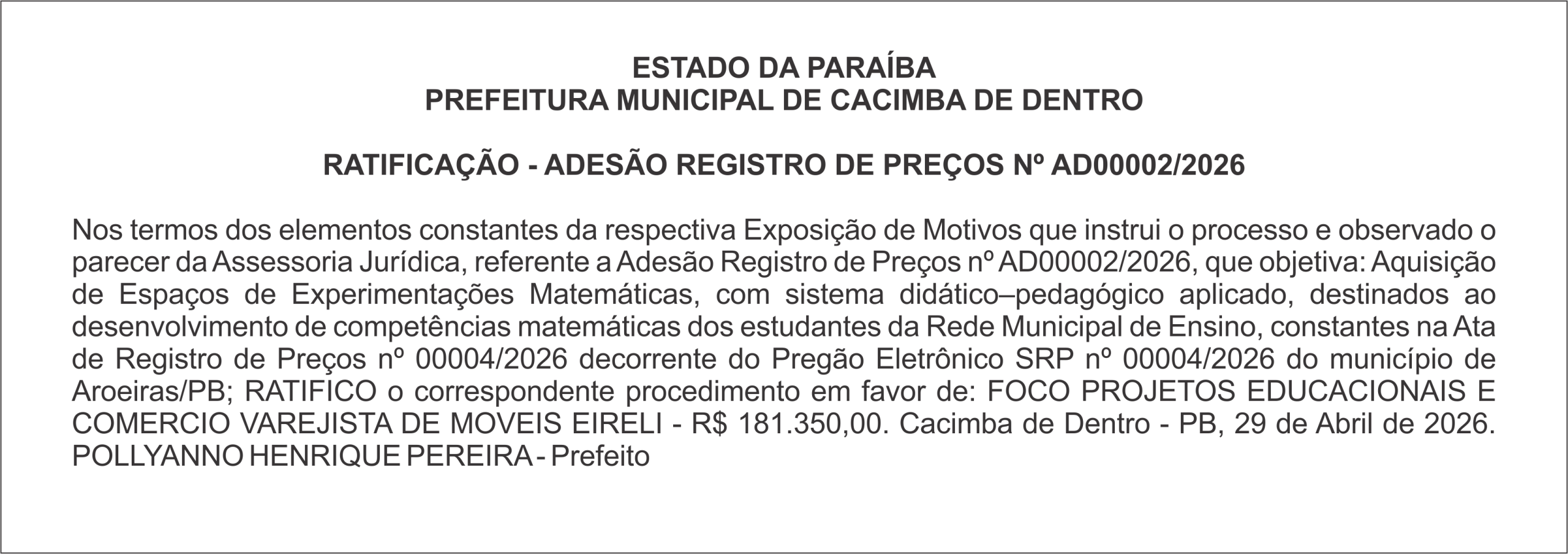 PREFEITURA MUNICIPAL DE CACIMBA DE DENTRO – RATIFICAÇÃO – ADESÃO REGISTRO DE PREÇOS Nº AD00002/2026