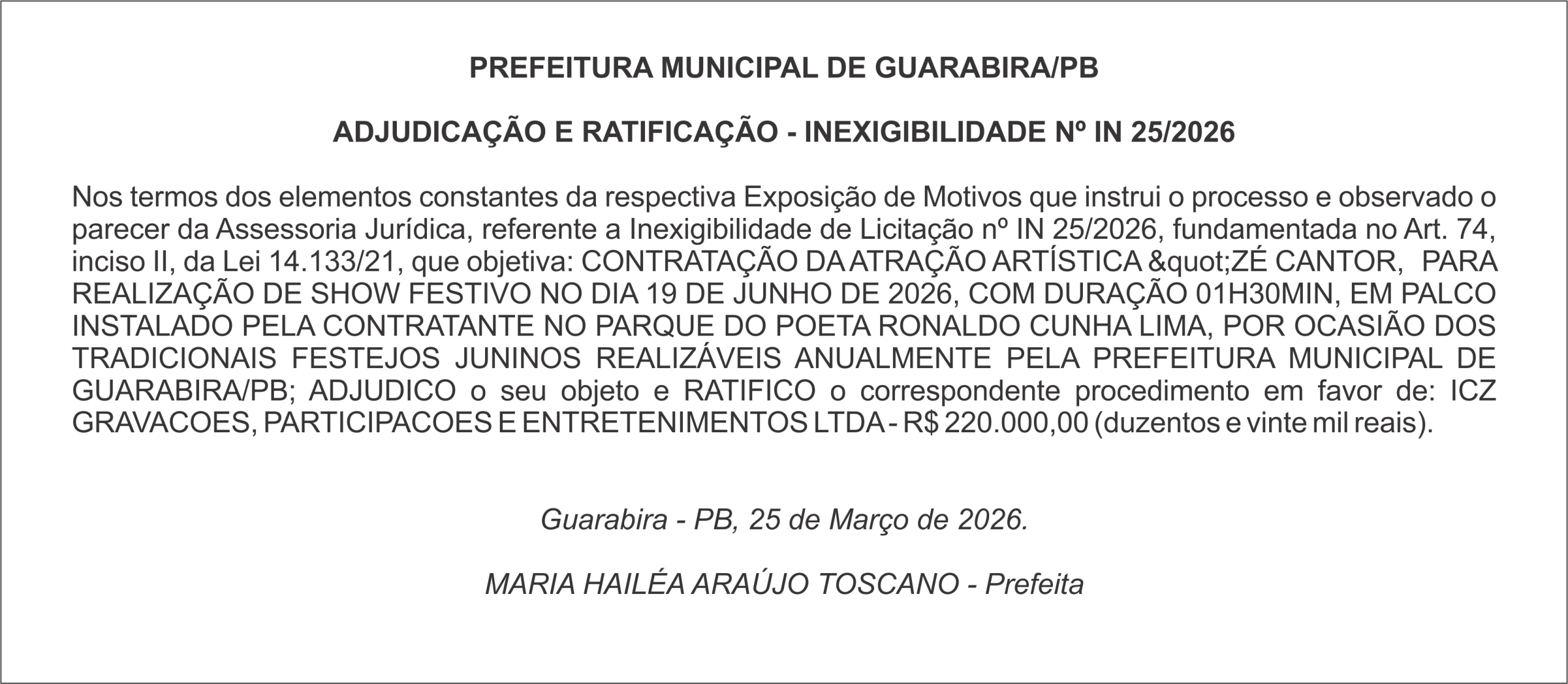 PREFEITURA MUNICIPAL DE GUARABIRA/PB – ADJUDICAÇÃO E RATIFICAÇÃO – INEXIGIBILIDADE Nº IN 25/2026