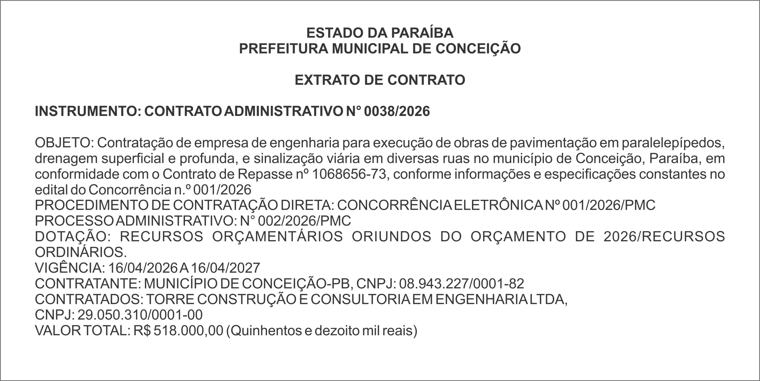 PREFEITURA MUNICIPAL DE CONCEIÇÃO  – EXTRATO DE CONTRATO