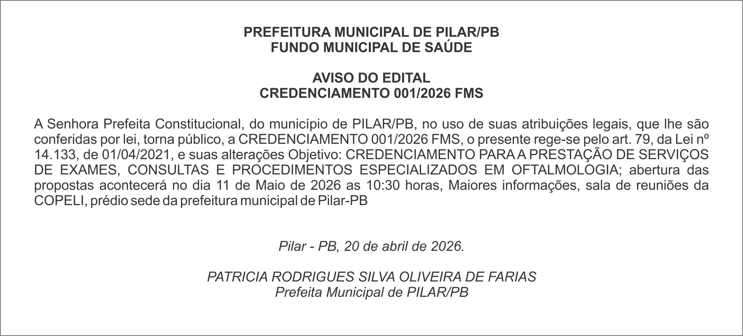 PREFEITURA MUNICIPAL DE PILAR/PB – AVISO DO EDITAL – CREDENCIAMENTO 001/2026 FMS