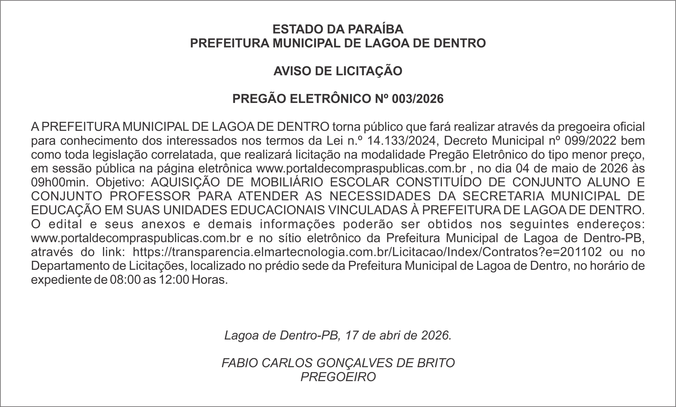 PREFEITURA MUNICIPAL DE LAGOA DE DENTRO – AVISO DE LICITAÇÃO – PREGÃO ELETRÔNICO Nº 003/2026