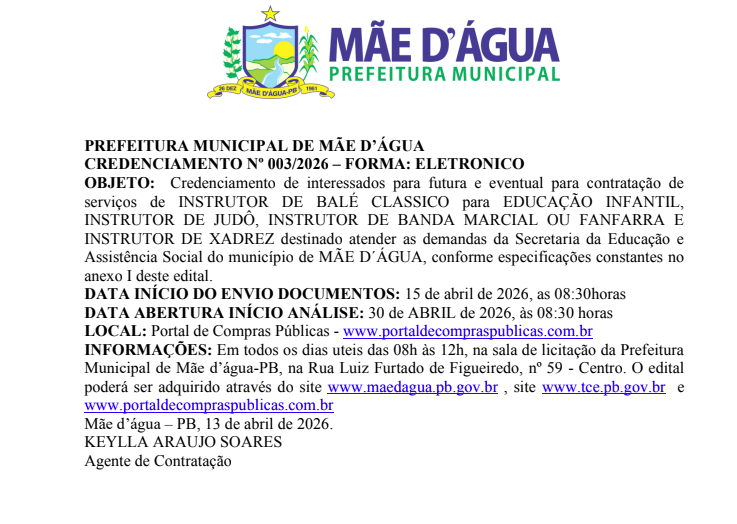 PREFEITURA MUNICIPAL DE MÃE D’ÁGUA – CREDENCIAMENTO No 003/2026