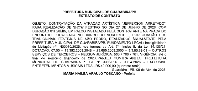 PREFEITURA MUNICIPAL DE GUARABIRA/PB – EXTRATO DE CONTRATO