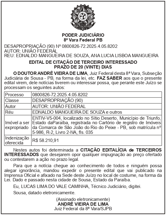 SECRETARIA NACIONAL DE SEGURANÇA HIDRICA – SNSH – MDR – DF – BRASÍLIA – Edital de Citação de Terceiro Interessado – ENTIV-V5-004 (EDNALDO MANGUEIRA DE SOUZA)