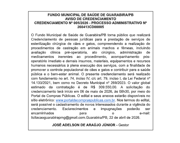 FUNDO MUNICIPAL DE SAÚDE DE GUARABIRA/PB – AVISO DE CREDENCIAMENTO  CREDENCIAMENTO Nº 005/2026 – PROCESSO ADMINISTRATIVO Nº  260413CD00005