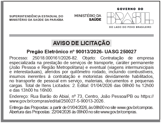 SEMS – PB – JOÃO PESSOA – Pregão Eletrônico No 90013/2026 (serviço de transporte)