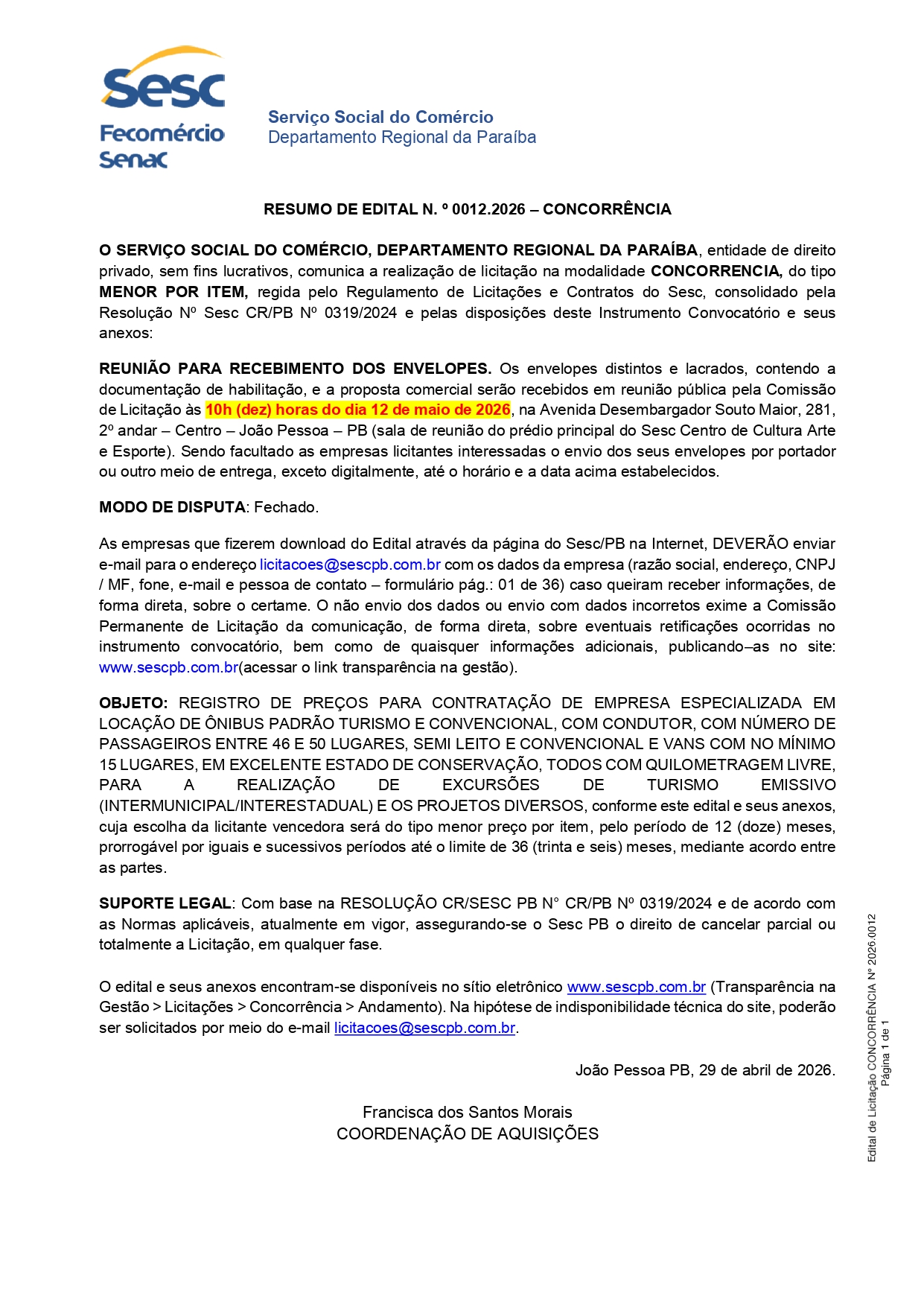 SESC – RESUMO DE EDITAL N. º 0012.2026 – CONCORRÊNCIA