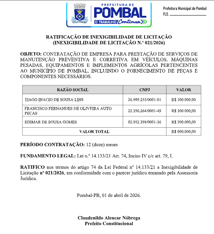 PREFEITURA DE POMBAL – RATIFICAÇÃO DE INEXIGIBILIDADE DE LICITAÇÃO (INEXIGIBILIDADE DE LICITAÇÃO N.º 021/2026)