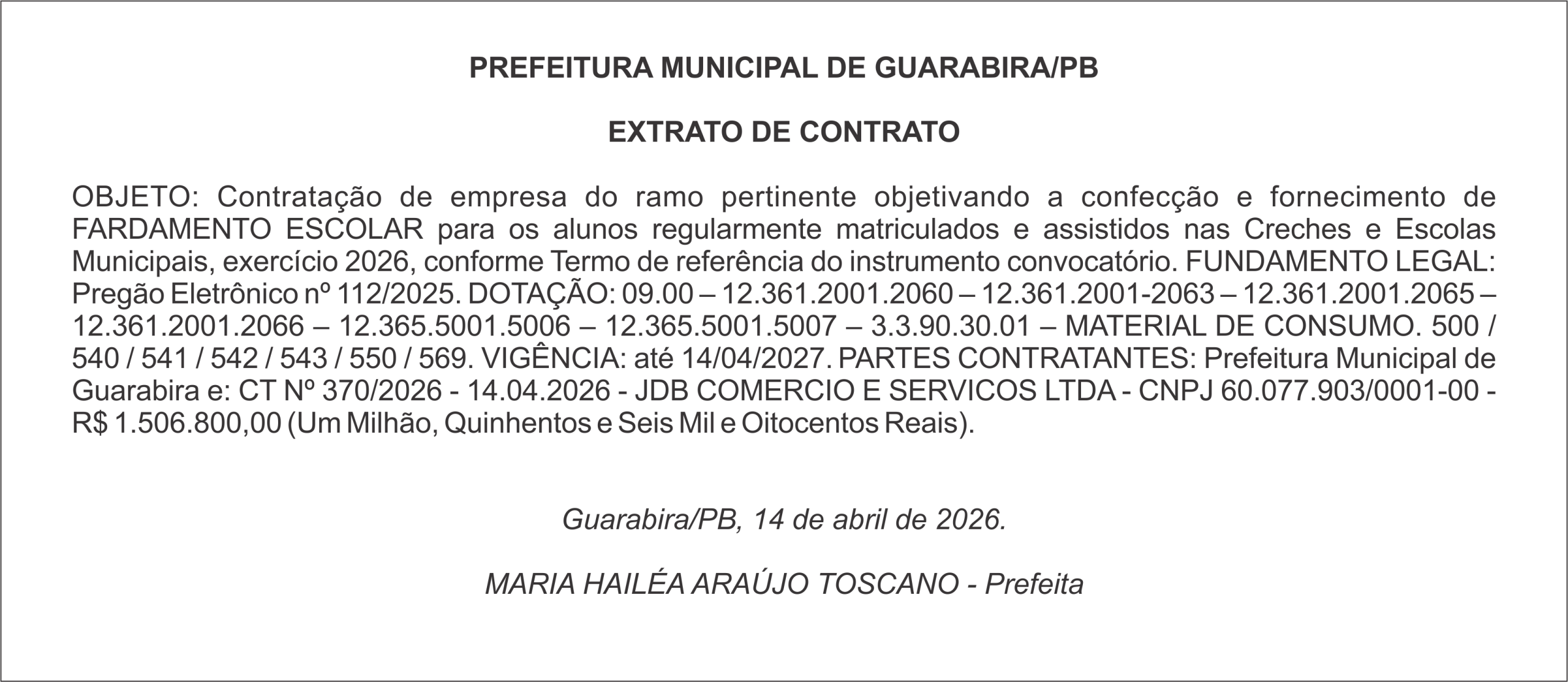 PREFEITURA MUNICIPAL DE GUARABIRA/PB – EXTRATO DE CONTRATO