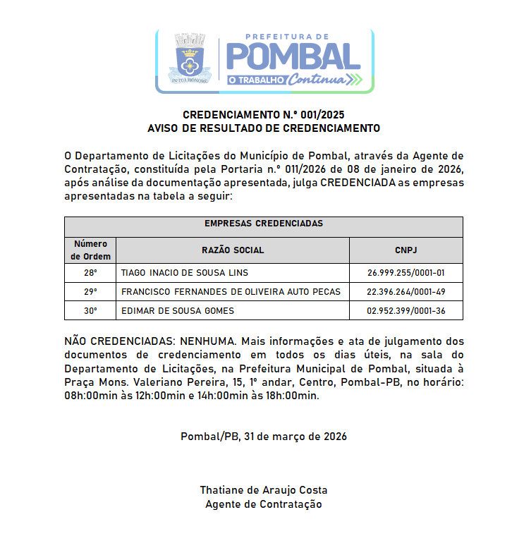 PREFEITURA MUNICIPAL DE POMBAL – CREDENCIAMENTO N.º 001/2025 AVISO DE RESULTADO DE CREDENCIAMENTO