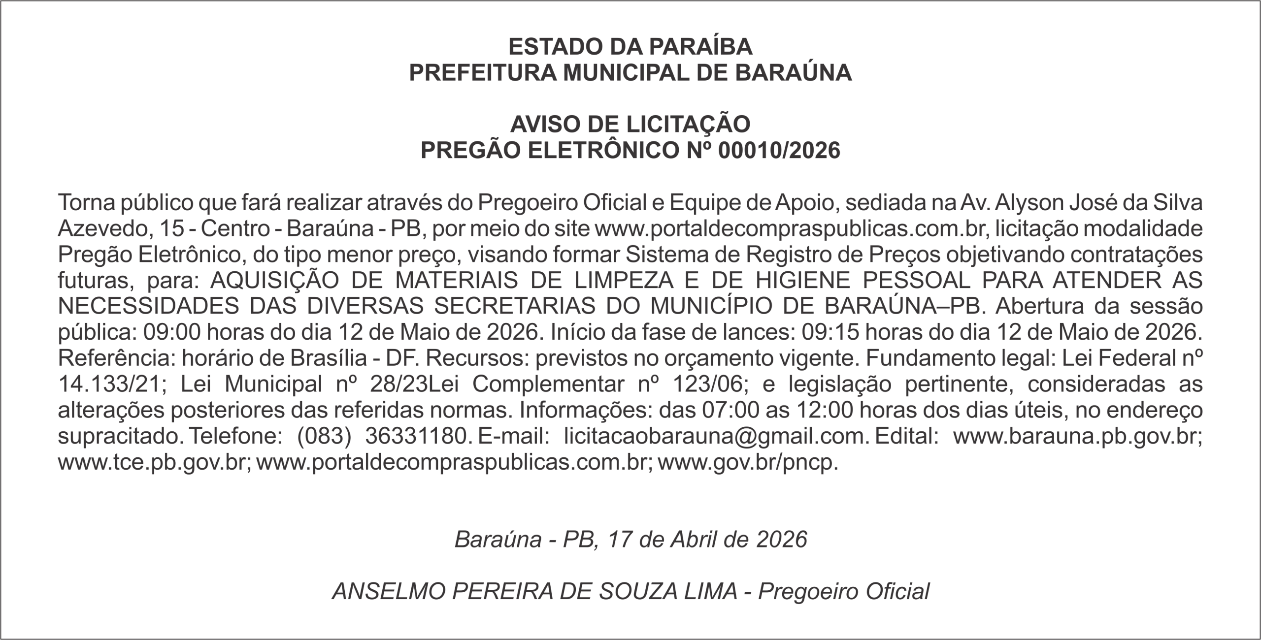 PREFEITURA MUNICIPAL DE BARAÚNA – AVISO DE LICITAÇÃO PREGÃO ELETRÔNICO Nº 00010/2026