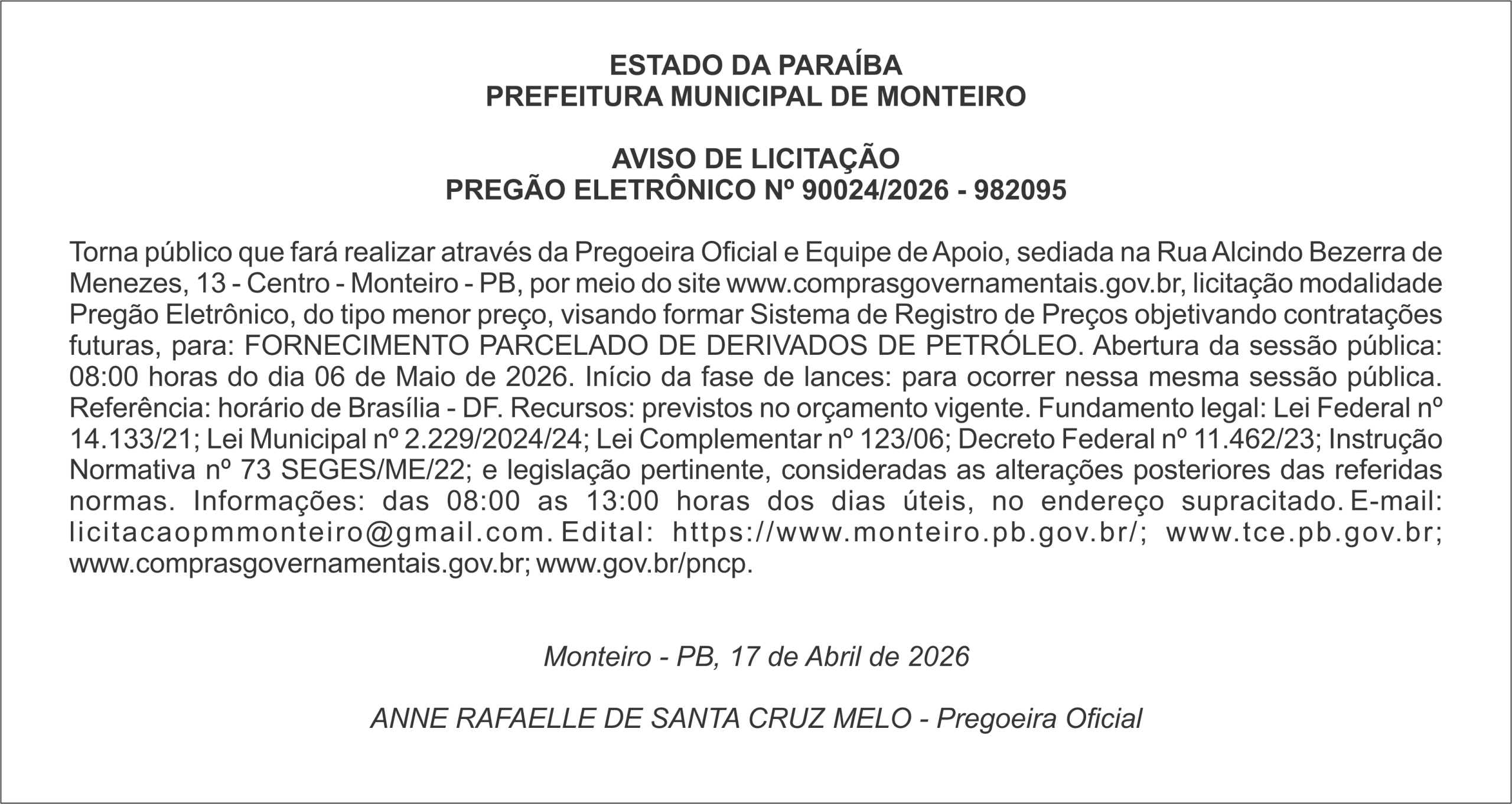 PREFEITURA MUNICIPAL DE MONTEIRO – AVISO DE LICITAÇÃO – PREGÃO ELETRÔNICO Nº 90024/2026 – 982095