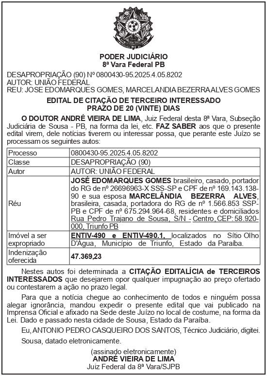 SECRETARIA NACIONAL DE SEGURANÇA HIDRICA – SNSH – MDR – DF – BRASÍLIA – Edital de Citação de Terceiro Interessado – ENTIV-490 e ENTIV-490.1 (JOSÉ EDOMARQUES GOMES)