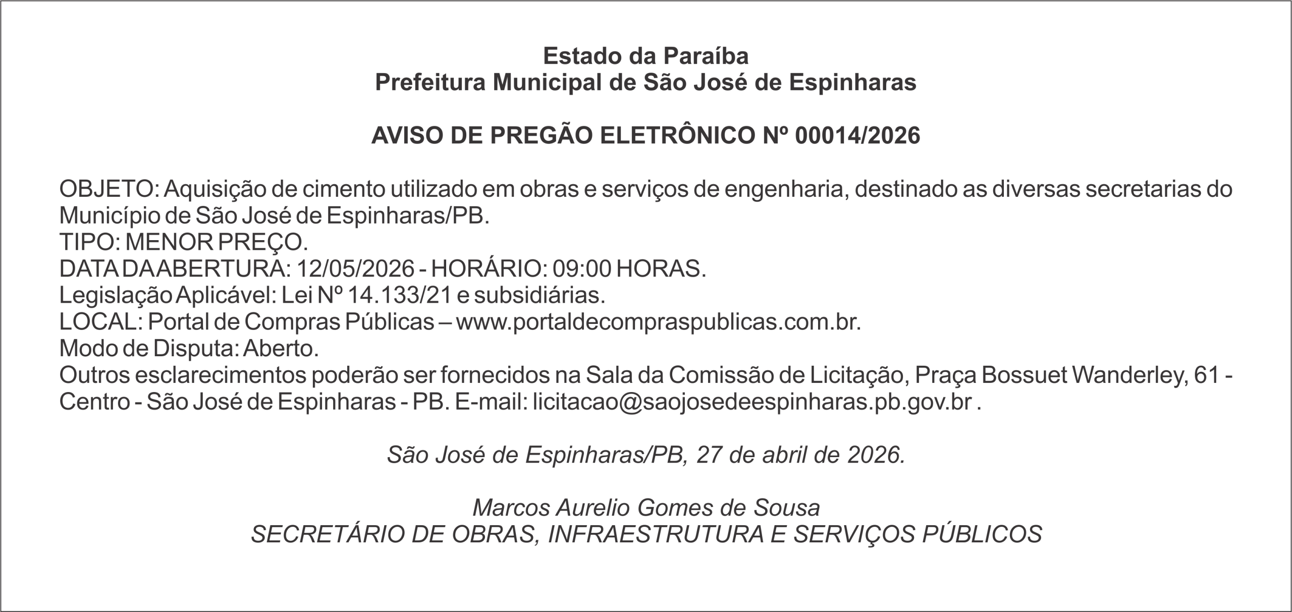 PREFEITURA DE SÃO JOSÉ DE ESPINHARAS – AVISO DE PREGÃO ELETRÔNICO Nº 00014/2026