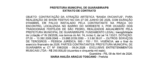PREFEITURA MUNICIPAL DE GUARABIRA/PB – EXTRATO DE CONTRATO