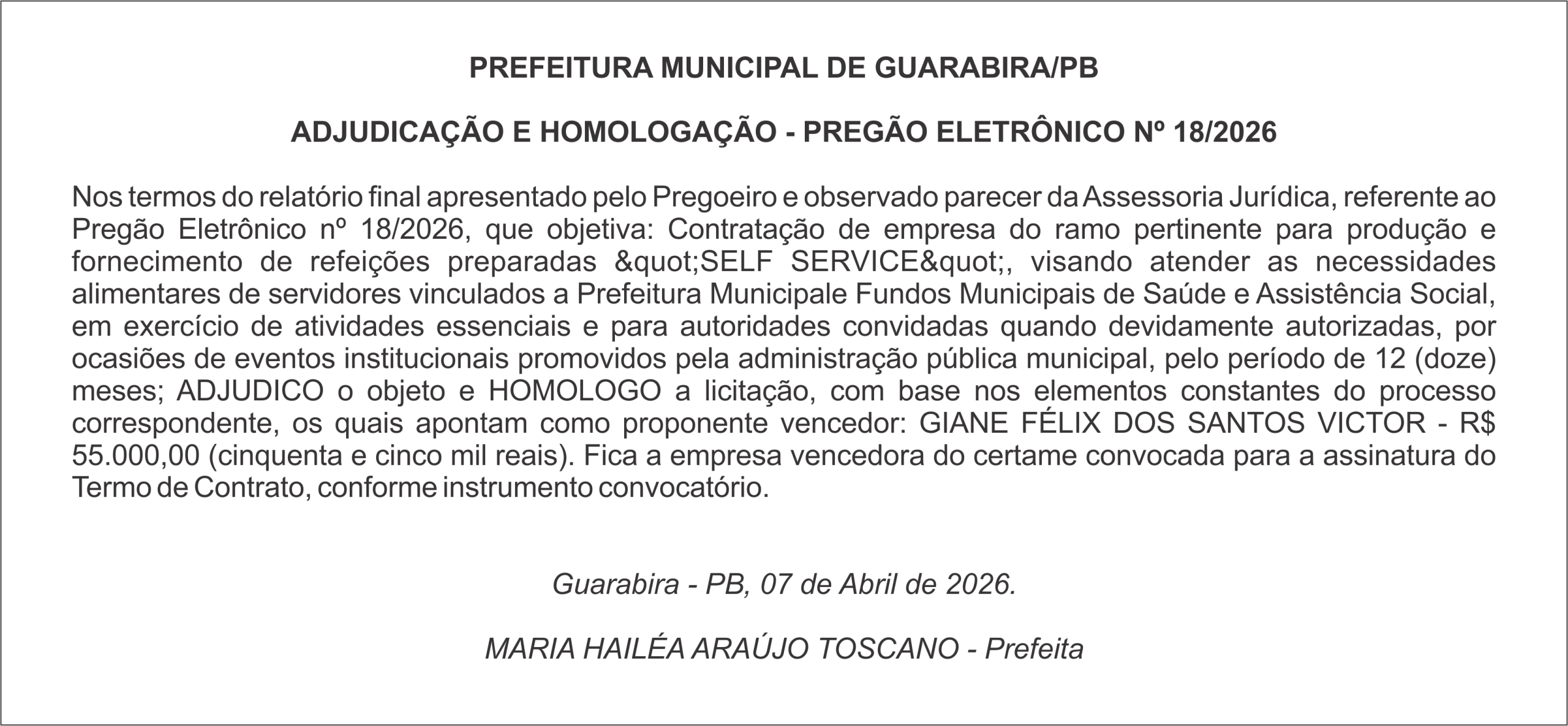 PREFEITURA MUNICIPAL DE GUARABIRA/PB ADJUDICAÇÃO E HOMOLOGAÇÃO – PREGÃO ELETRÔNICO Nº 18/2026