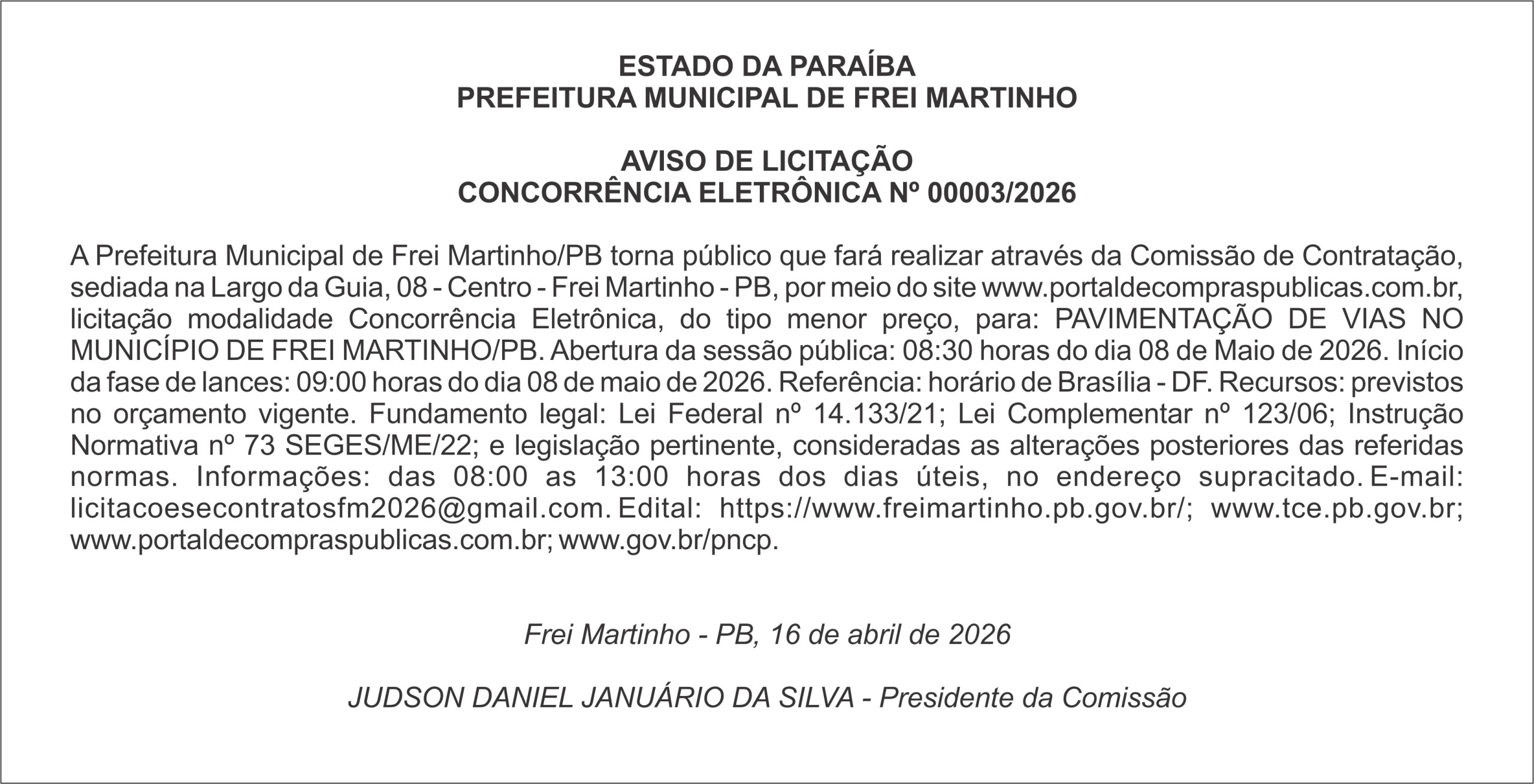 PREFEITURA MUNICIPAL DE FREI MARTINHO – AVISO DE LICITAÇÃO CONCORRÊNCIA ELETRÔNICA Nº 00003/2026