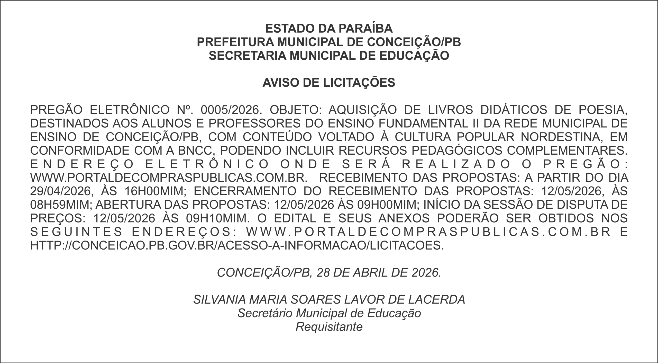 PREFEITURA MUNICIPAL DE CONCEIÇÃO/PB – AVISO DE LICITAÇÕES – PREGÃO ELETRÔNICO Nº. 0005/2026