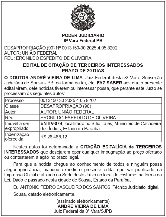 SECRETARIA NACIONAL DE SEGURANÇA HIDRICA – SNSH – MDR – DF – BRASÍLIA – Edital de Citação de Terceiro Interessado – ENTIV-074 (ERONILDO ESPEDITO DE OLIVEIRA)