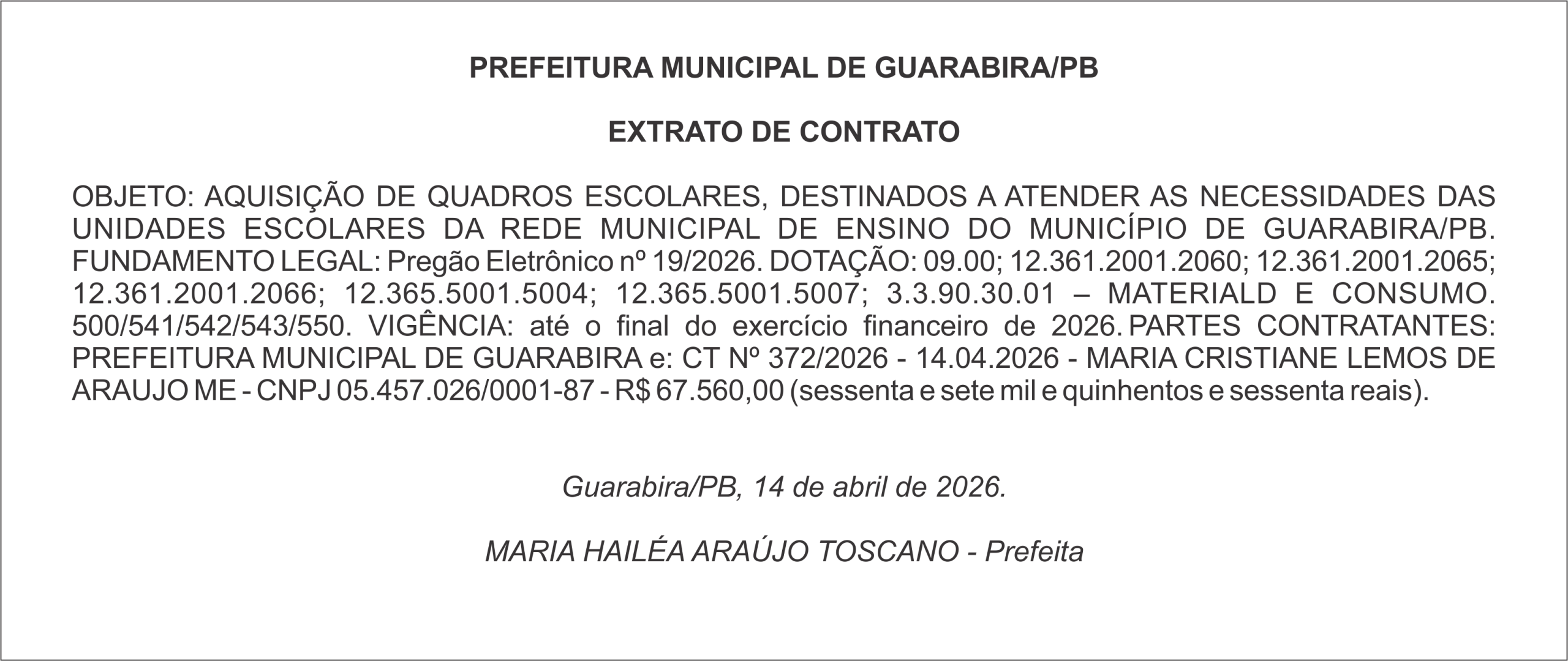 PREFEITURA MUNICIPAL DE GUARABIRA/PB – EXTRATO DE CONTRATO