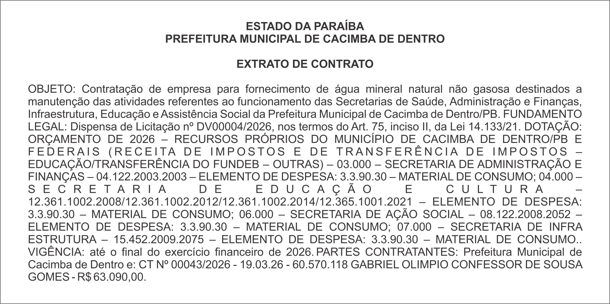 PREFEITURA MUNICIPAL DE CACIMBA DE DENTRO – EXTRATO DE CONTRATO