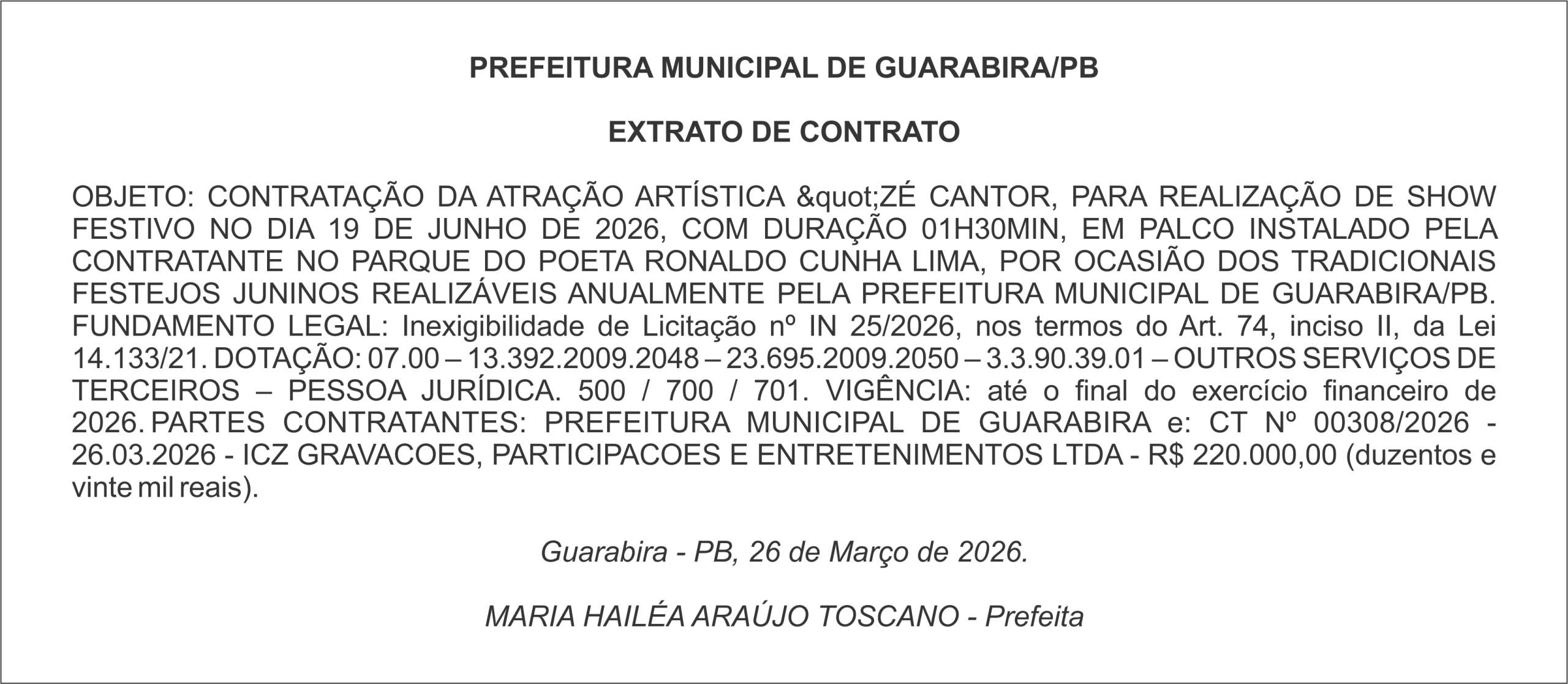 PREFEITURA MUNICIPAL DE GUARABIRA/PB – EXTRATO DE CONTRATO