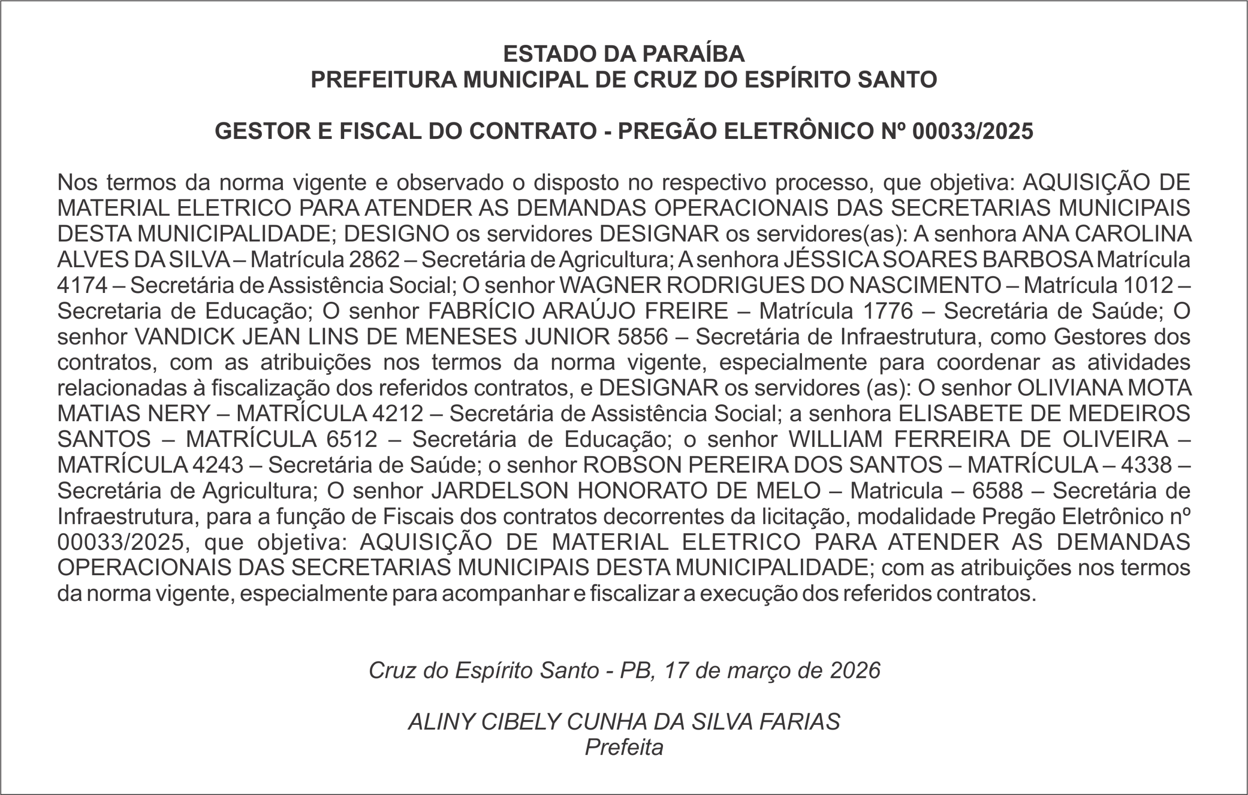 PREFEITURA MUNICIPAL DE CRUZ DO ESPÍRITO SANTO – PREGÃO ELETRÔNICO Nº 00033/2025