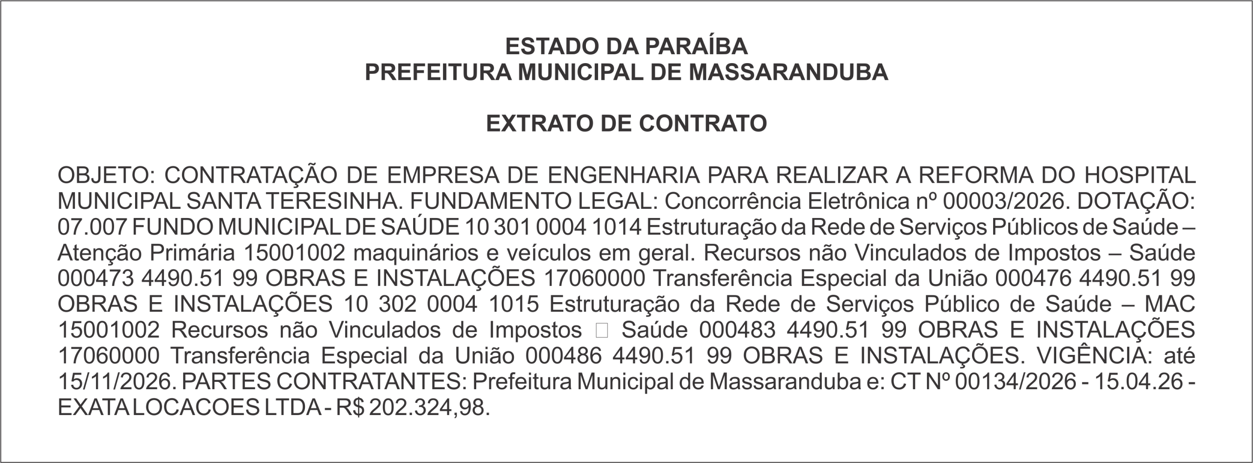 PREFEITURA MUNICIPAL DE MASSARANDUBA  – EXTRATO DE CONTRATO