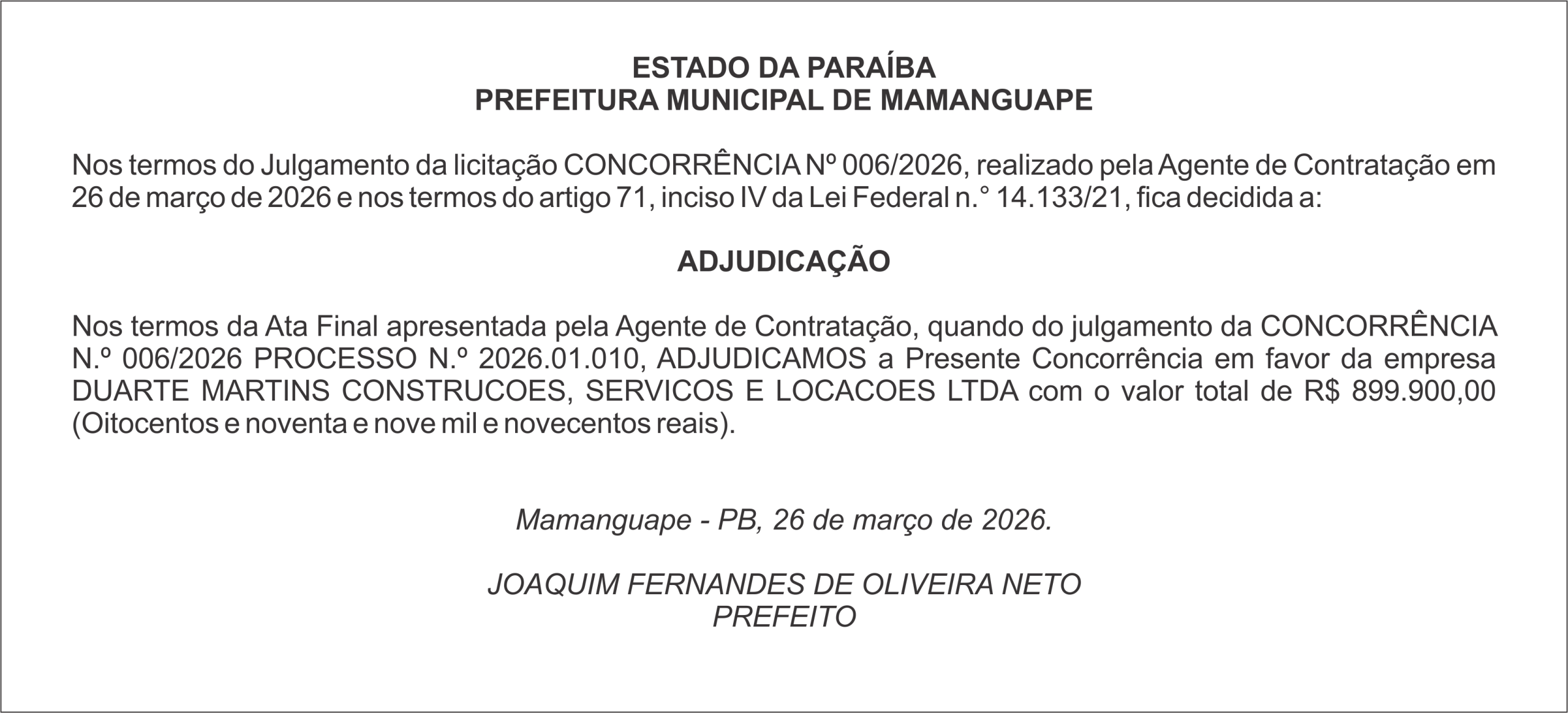 PREFEITURA MUNICIPAL DE MAMANGUAPE – ADJUDICAÇÃO