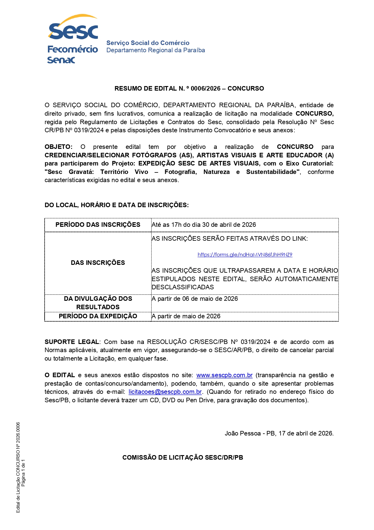 SESC – RESUMO DE EDITAL N. º 0006/2026 – CONCURSO