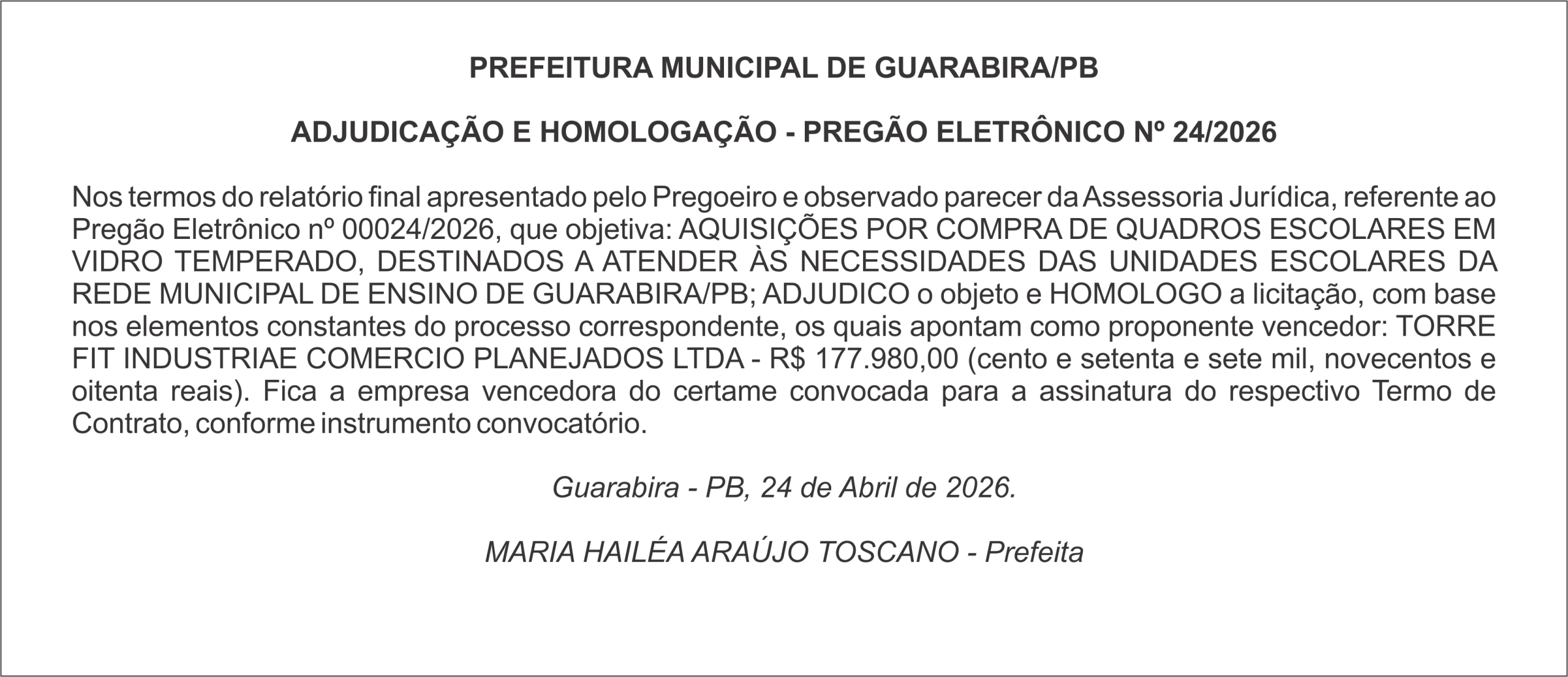 PREFEITURA MUNICIPAL DE GUARABIRA/PB – ADJUDICAÇÃO E HOMOLOGAÇÃO – PREGÃO ELETRÔNICO Nº 24/2026