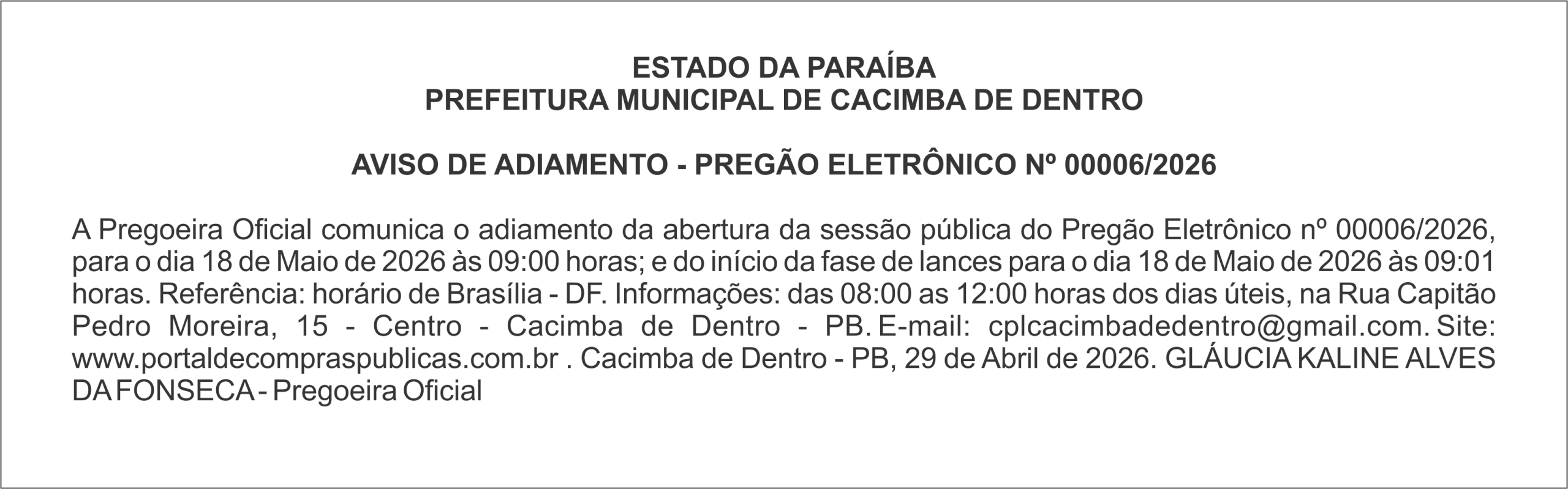 PREFEITURA MUNICIPAL DE CACIMBA DE DENTRO – AVISO DE ADIAMENTO – PREGÃO ELETRÔNICO Nº 00006/2026