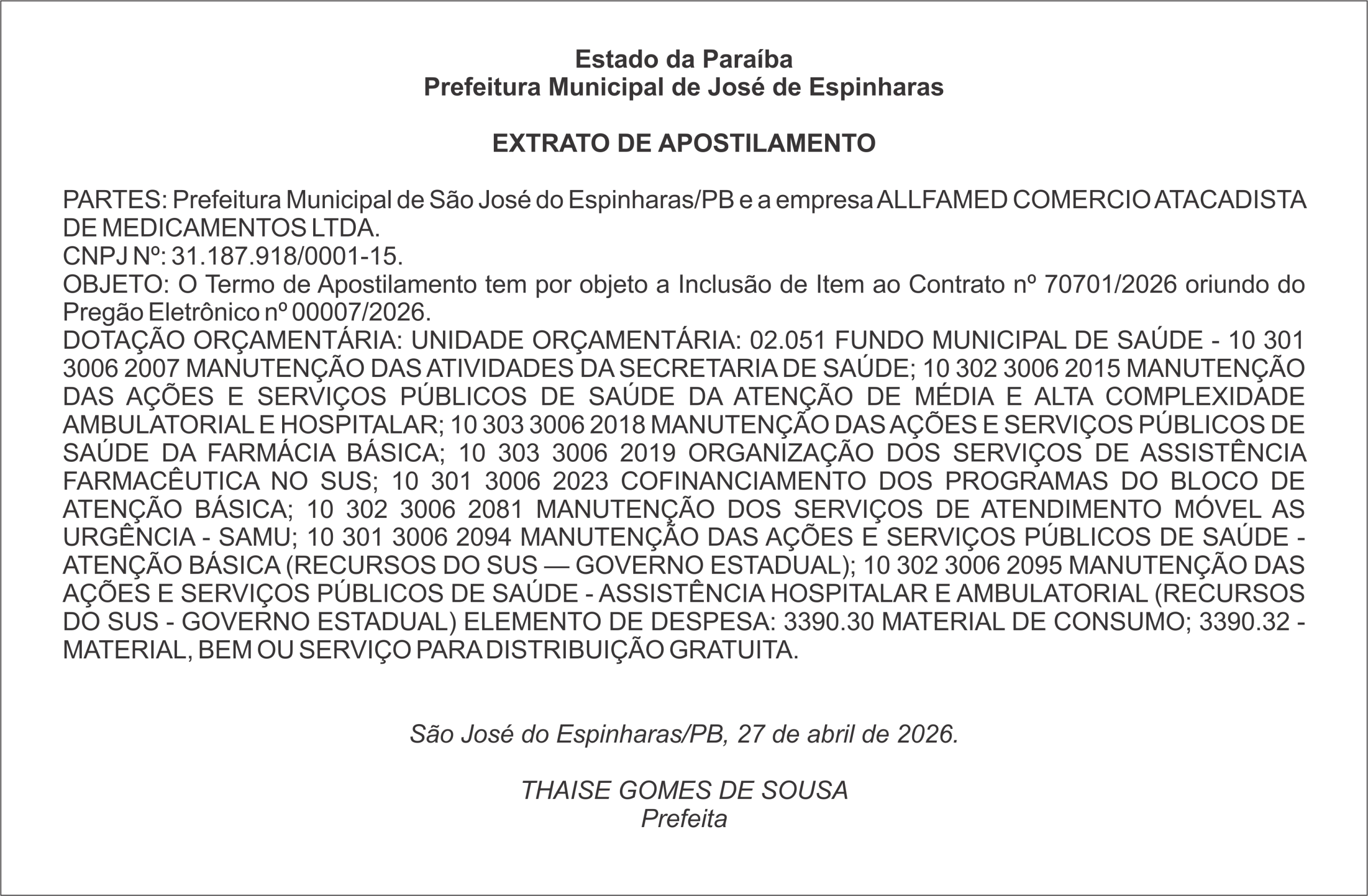 PREFEITURA DE SÃO JOSÉ DE ESPINHARAS – EXTRATO DE APOSTILAMENTO