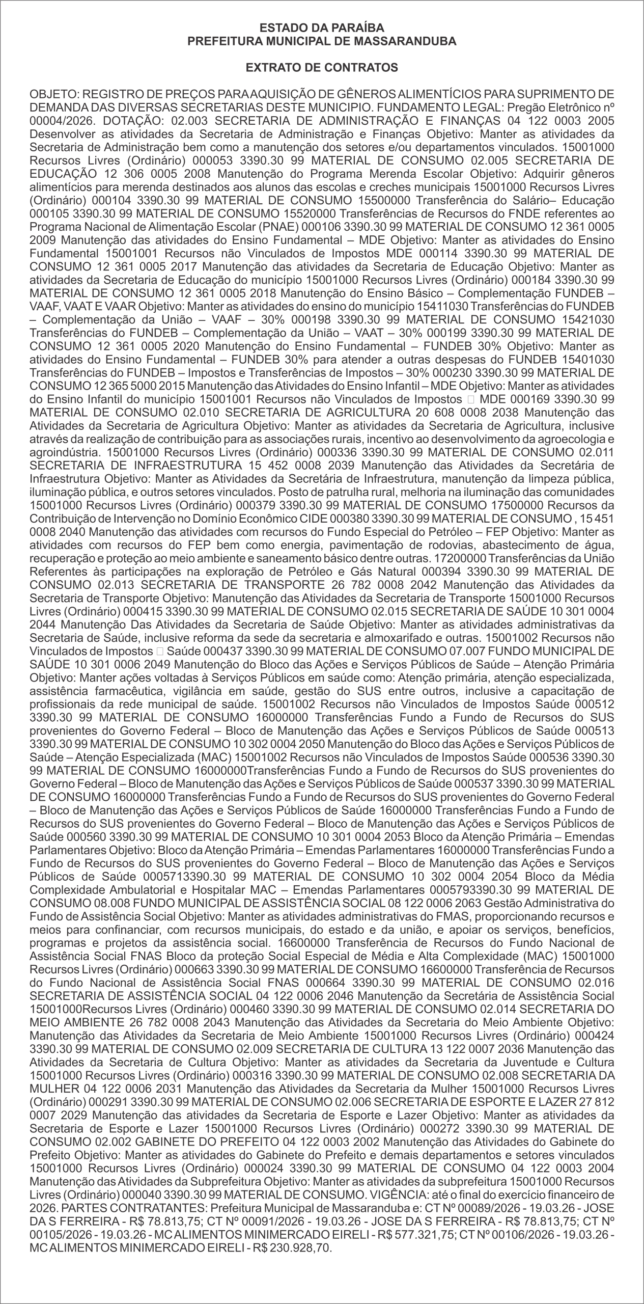 PREFEITURA MUNICIPAL DE MASSARANDUBA – EXTRATO DE CONTRATOS