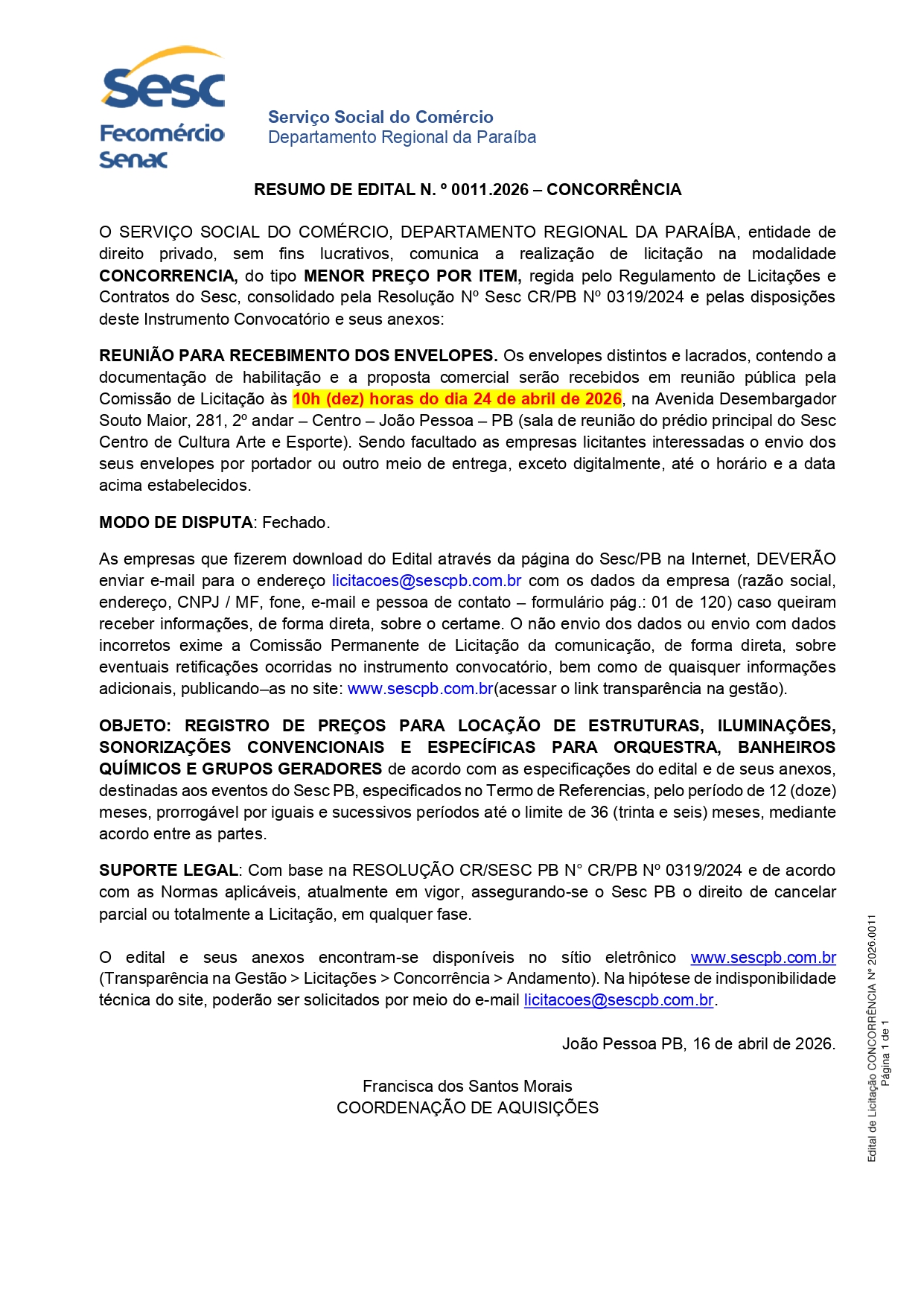 SESC – RESUMO DE EDITAL N. º 0011.2026 – CONCORRÊNCIA