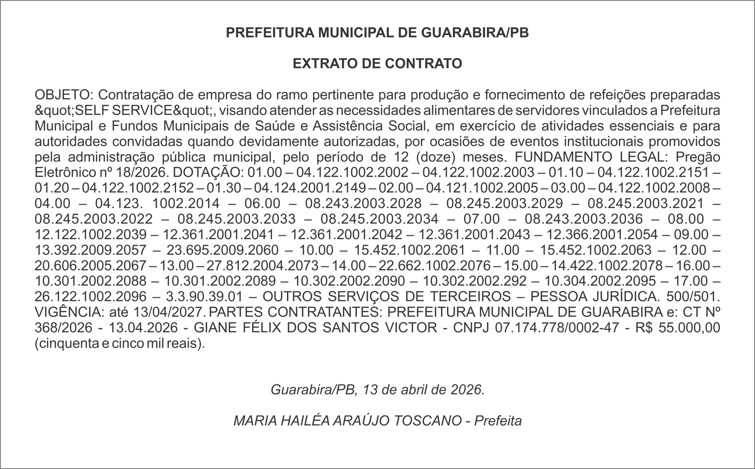 PREFEITURA MUNICIPAL DE GUARABIRA/PB – EXTRATO DE CONTRATO