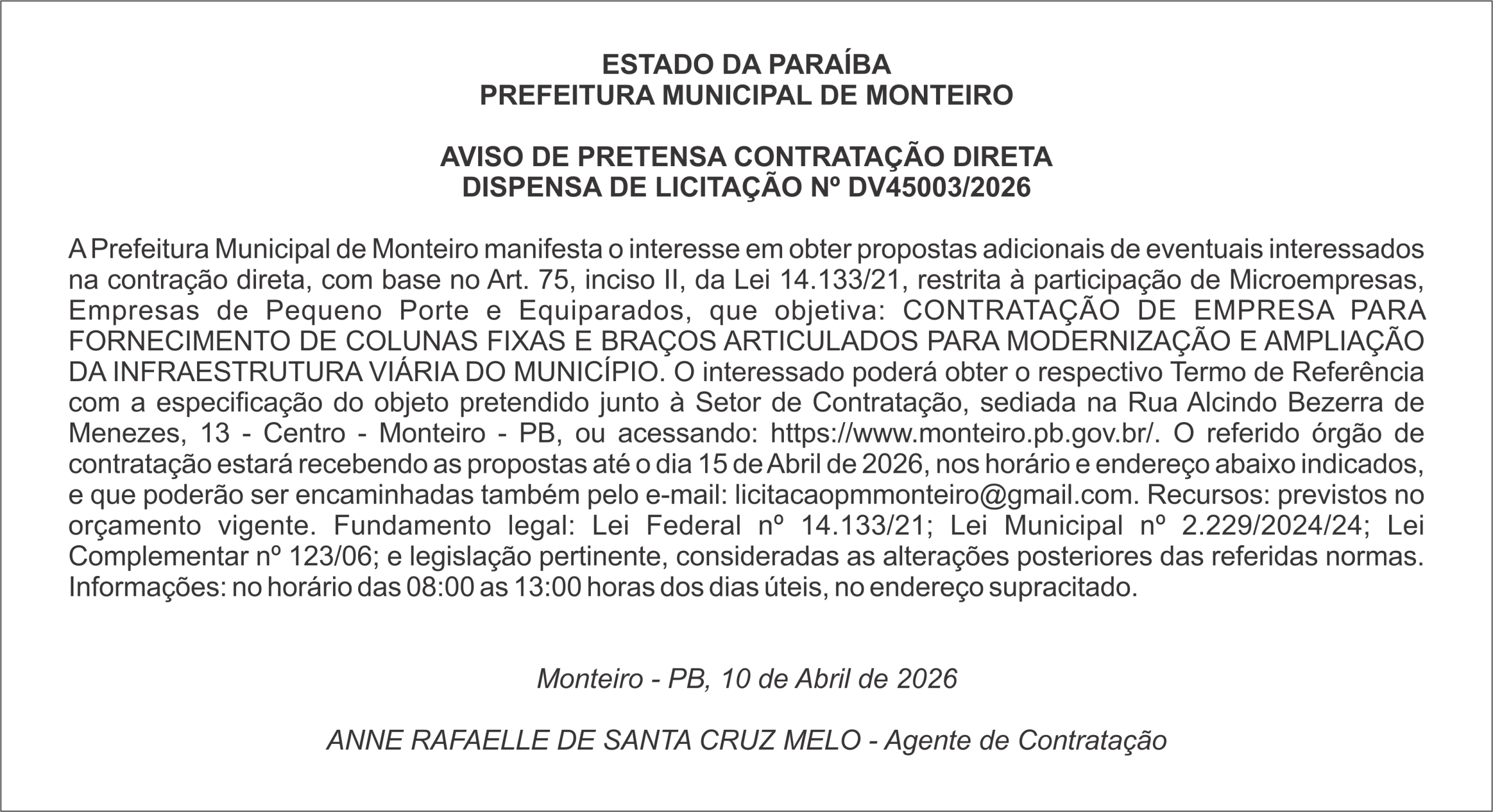PREFEITURA MUNICIPAL DE MONTEIRO – AVISO DE PRETENSA CONTRATAÇÃO DIRETA DISPENSA DE LICITAÇÃO Nº DV45003/2026