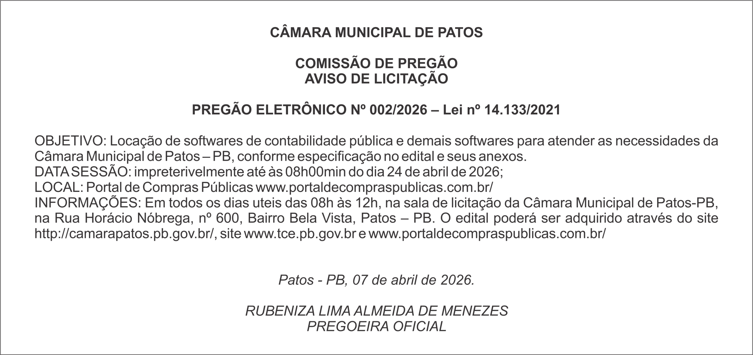 CÂMARA MUNICIPAL DE PATOS – AVISO DE LICITAÇÃO PREGÃO ELETRÔNICO Nº 002/2026