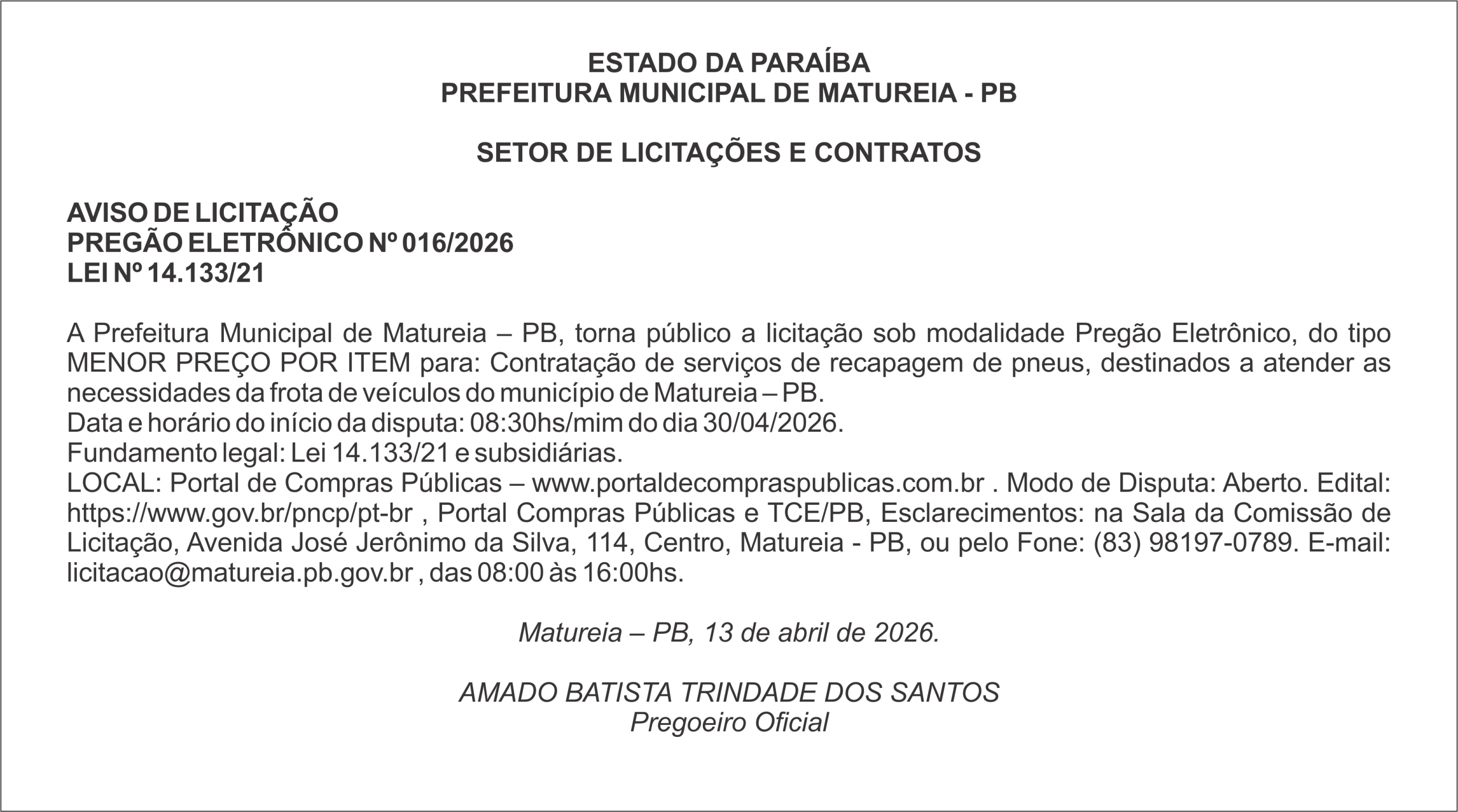 PREFEITURA MUNICIPAL DE MATUREIA – PB –  AVISO DE LICITAÇÃO PREGÃO ELETRÔNICO Nº 016/2026