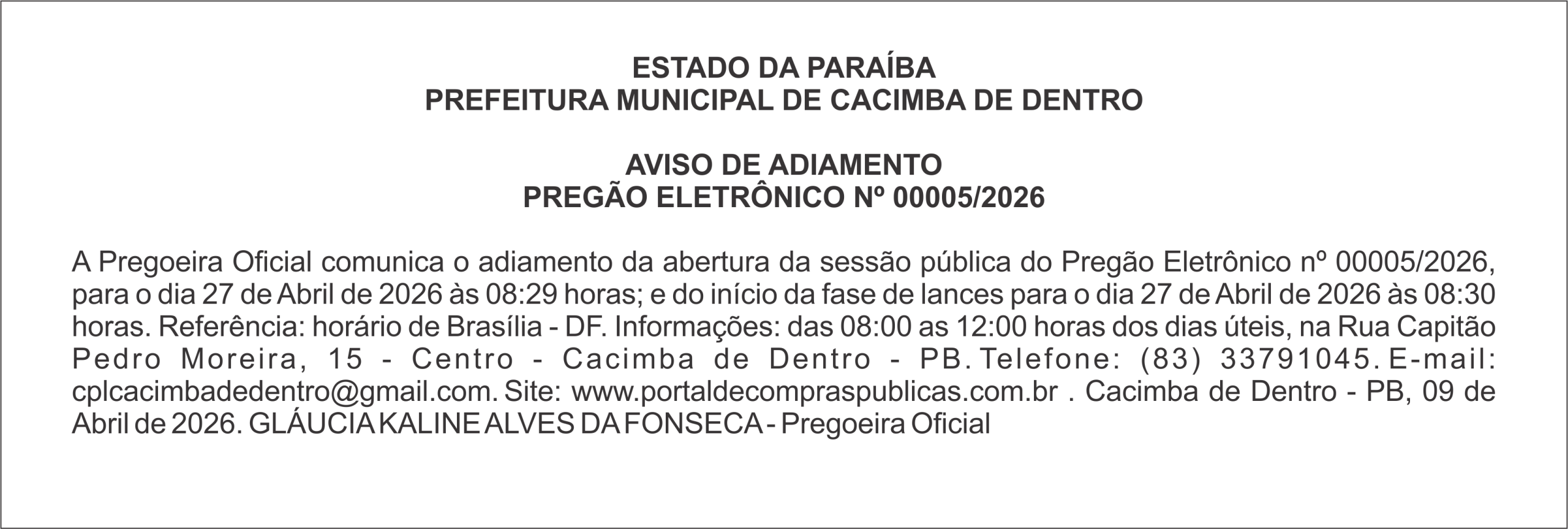 PREFEITURA MUNICIPAL DE CACIMBA DE DENTRO – AVISO DE ADIAMENTO PREGÃO ELETRÔNICO Nº 00005/2026