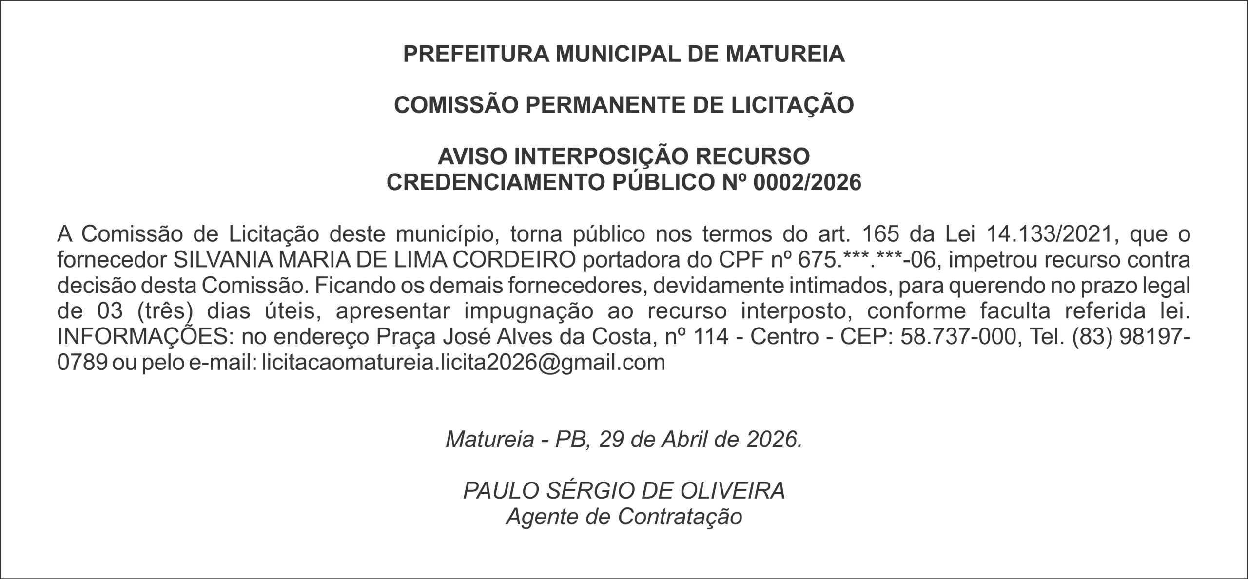 PREFEITURA MUNICIPAL DE MATUREIA – AVISO INTERPOSIÇÃO RECURSO – CREDENCIAMENTO PÚBLICO Nº 0002/2026